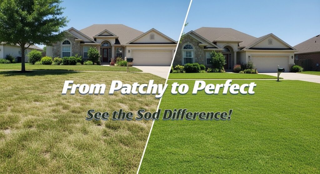 Before-and-after lawn image showing thin, uneven seeded grass compared to full, green St. Augustine sod lawn in residential setting.