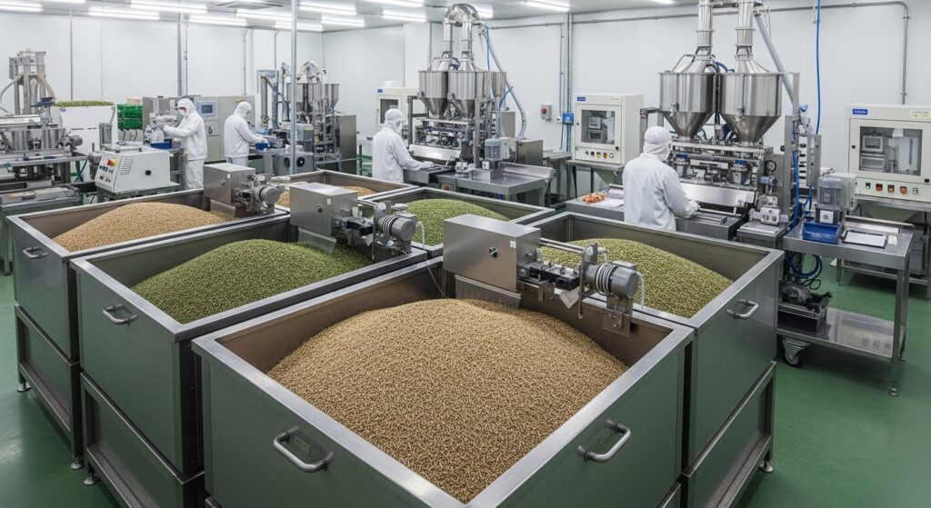 Grass seed production facility with advanced processing equipment, seed storage silos, and dedicated quality control testing stations in an agricultural environment.