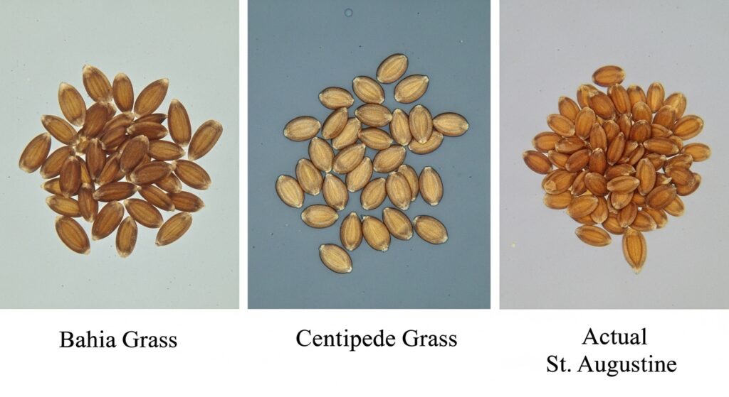 Side-by-side magnified comparison of Bahia grass seeds, Centipede grass seeds, and St. Augustine grass seeds with labels highlighting visual differences in size, shape, and texture.