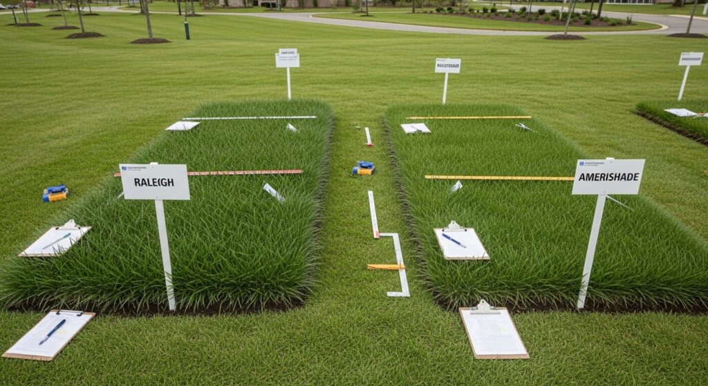 St. Augustine grass research plots featuring Raleigh and Amerishade cultivars, studied at a university research facility with markers, data sheets, and measuring equipment visible.