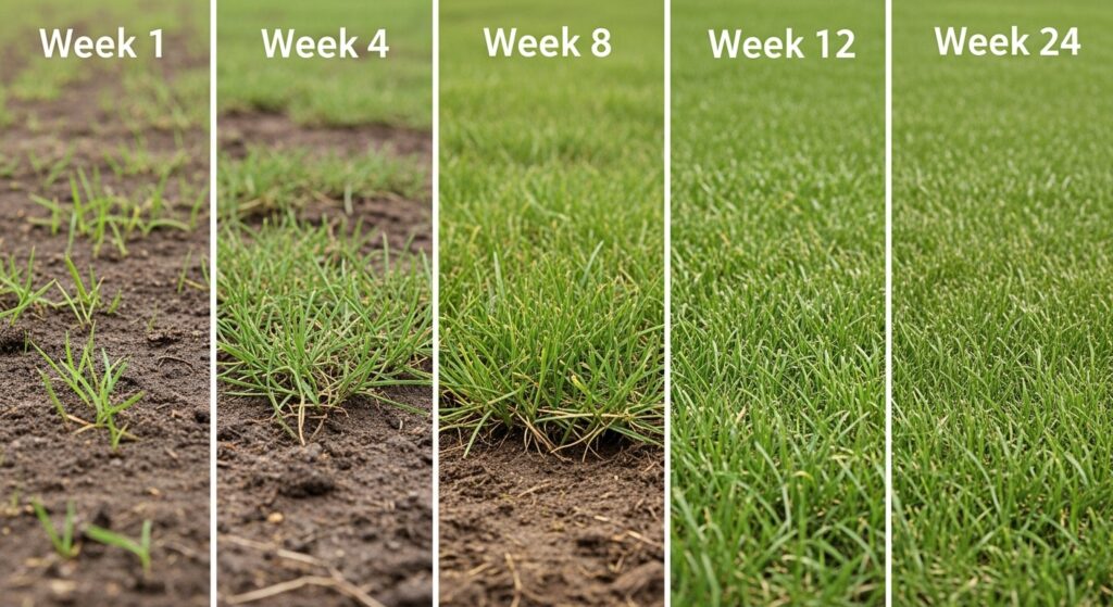 Grid-style image series illustrating St. Augustine grass growth timeline from initial germination to mature lawn over 24 weeks, labeled by week for lawn care education.