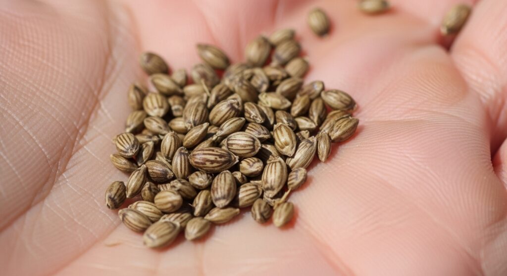 Macro photograph of centipede grass seeds resting in an open palm, highlighting the texture, size, and natural color of individual seeds under natural lighting.