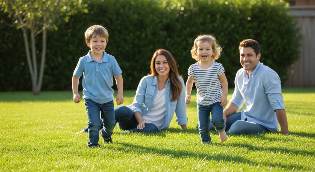 Family with children playing on a healthy centipede grass lawn under natural sunlight, showcasing the durability and low-maintenance benefits of centipede grass for everyday residential use.