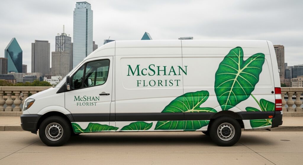 Professional photo of McShan Florist delivery van with green caladium leaf logo, parked in front of iconic Dallas landmarks, showcasing the clean white van with botanical graphics and decades of trusted flower delivery service.