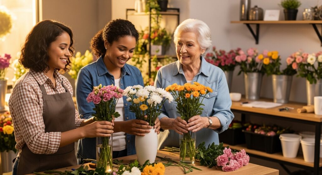 Heartwarming photo of a small multi-generational Texan family arranging fresh flowers in a cozy flower shop, highlighting the passing of tradition in a warm, professional workspace.