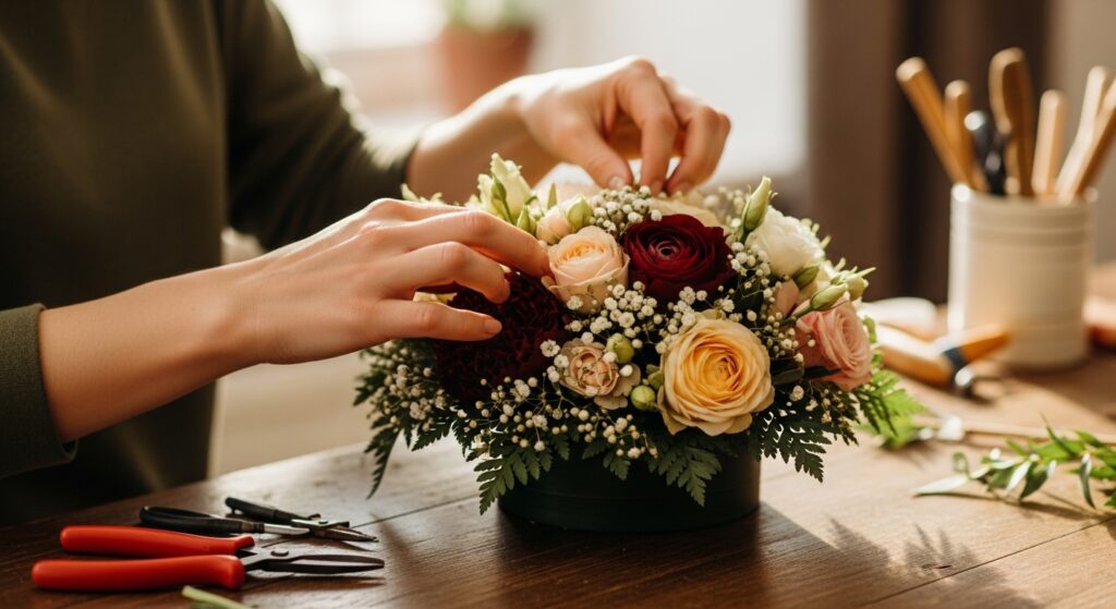 Close-up photo of skilled florist hands arranging fresh seasonal flowers with precision, using professional tools under warm natural lighting, showcasing artisanal craftsmanship and decades of floral expertise.