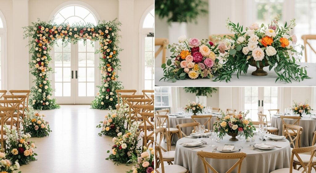 Photorealistic image of an elegant wedding ceremony setup with McShan Florist’s signature floral arrangements, featuring lush bridal bouquets, a seasonal flower-adorned arch, and reception centerpieces on linen-covered tables, bathed in warm natural light for a romantic and sophisticated atmosphere.