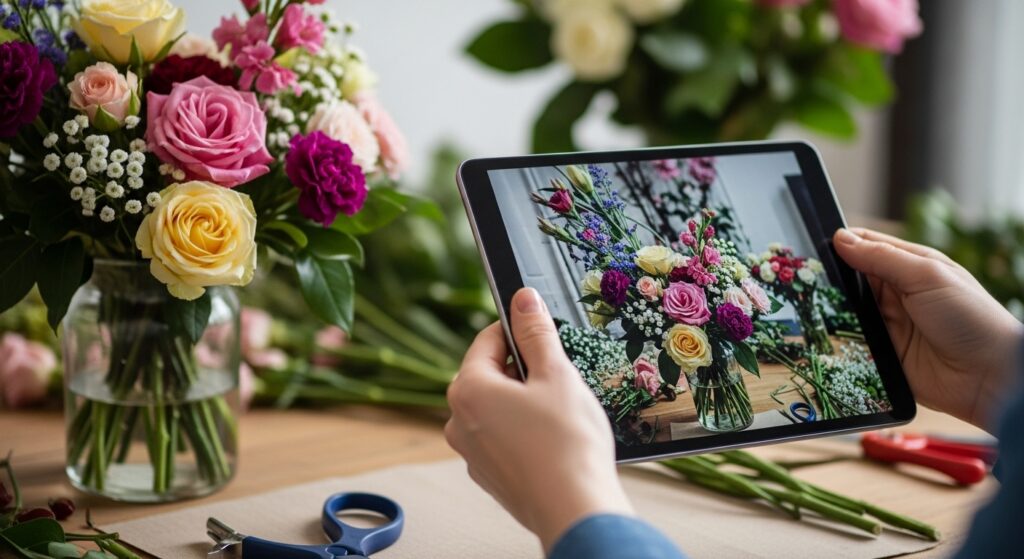 Modern florist combining traditional flower arranging with digital technology, showing hands working with fresh flowers and a tablet displaying floral designs.