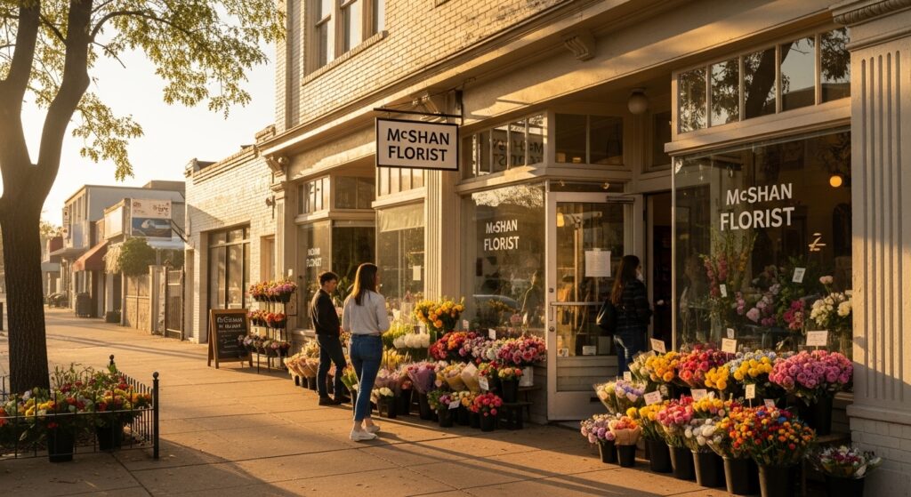 Golden hour photo of McShan Florist storefront in Dallas, showing vibrant flower displays, customers entering, and a blend of vintage charm with modern updates, reflecting decades of tradition and future growth.