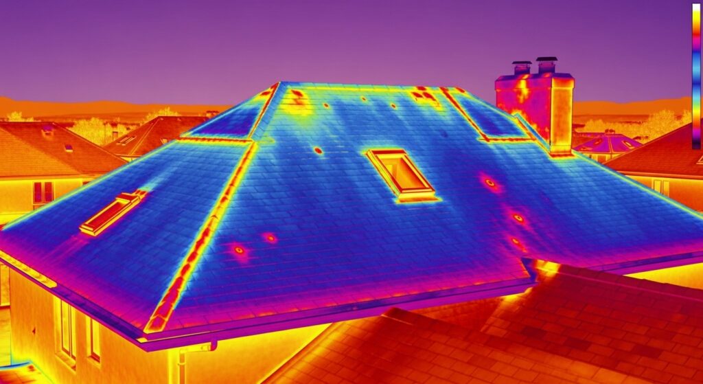 Thermal imaging scan of residential roof showing heat loss, insulation problems, air leaks, and moisture intrusion using infrared technology for energy efficiency inspection.