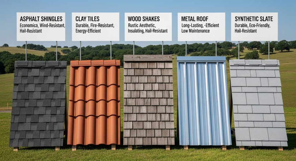 Display of roofing materials with labels highlighting benefits for Iowa climate, including asphalt shingles, metal roofing, and synthetic options for durability, hail resistance, and energy efficiency.
