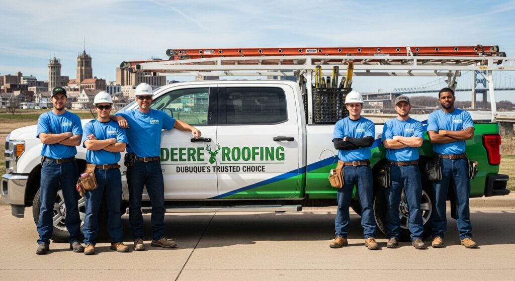 Brent John Deere and roofing crew posing in front of company truck with Dubuque, Iowa cityscape in the background—professional team photo representing local roofing services