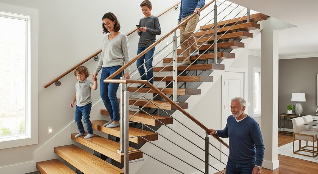 Elegant finished staircase with securely installed handrail brackets, featuring family members of different ages safely using the stairs