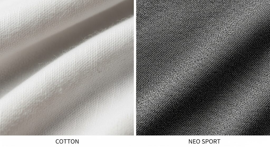 Macro side-by-side comparison of traditional cotton fabric versus Staple Neo Sport performance fabric showing differences in texture, weave, and finish