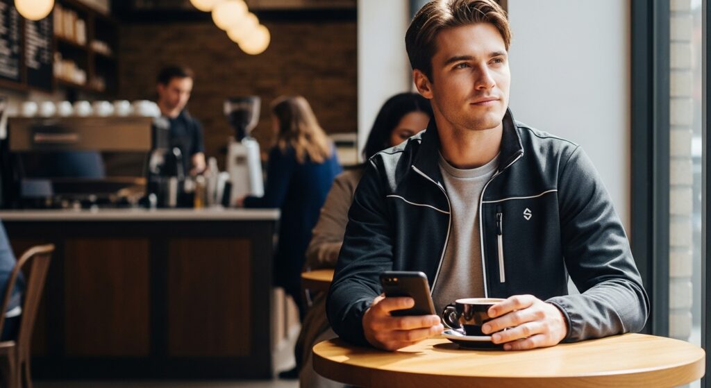 Casual lifestyle photo of man wearing Staple Neo Sport jacket in real-world setting with soft daylight and modern interior