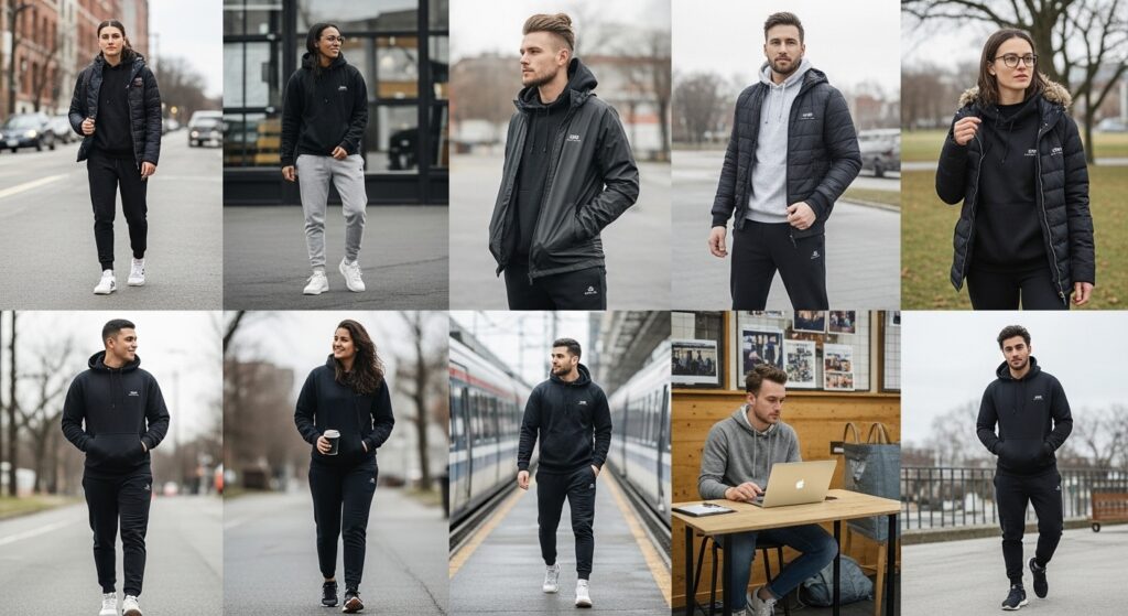 Lifestyle photo grid featuring diverse customers styling Staple Neo Sport outfits in everyday urban environments
