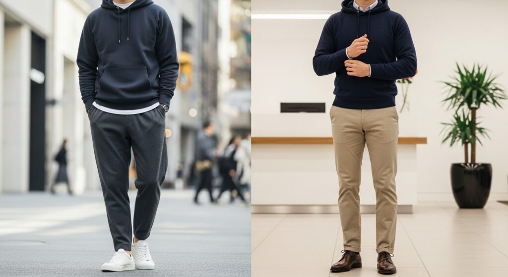 Two styling options for Staple Neo Sport hoodie: relaxed athletic on left, polished smart-casual on right