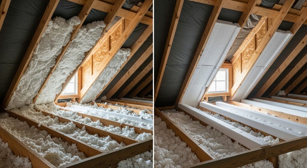 Split-screen photo comparing attic insulation: left shows soffit vents blocked by insulation, right shows proper baffle installation with clear ventilation channel