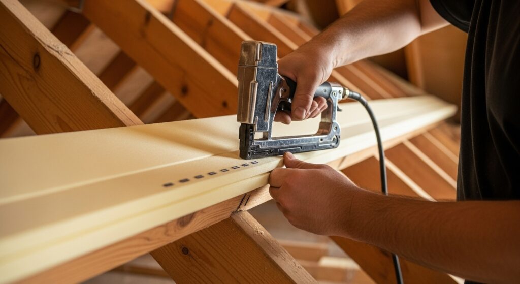 Close-up photos showing hands securing white foam insulation baffles to wooden rafters with a staple gun, properly positioned against soffit vents in a bright attic