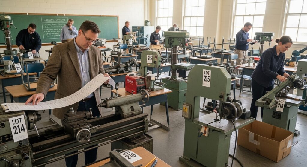 Auctioneers cataloging industrial equipment in empty classrooms, holding clipboards and tagging machinery with numbered labels, surrounded by vintage tools and equipment.