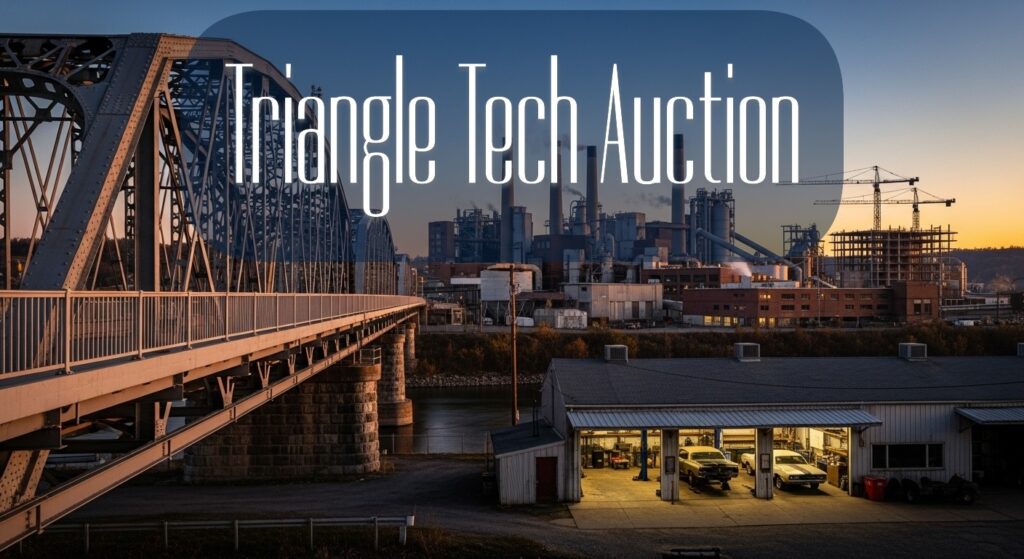 Pennsylvania industrial landscape featuring bridges, manufacturing plants, and automotive shops, with subtle references to trades taught at Triangle Tech, highlighting graduates’ contributions to the state’s infrastructure.