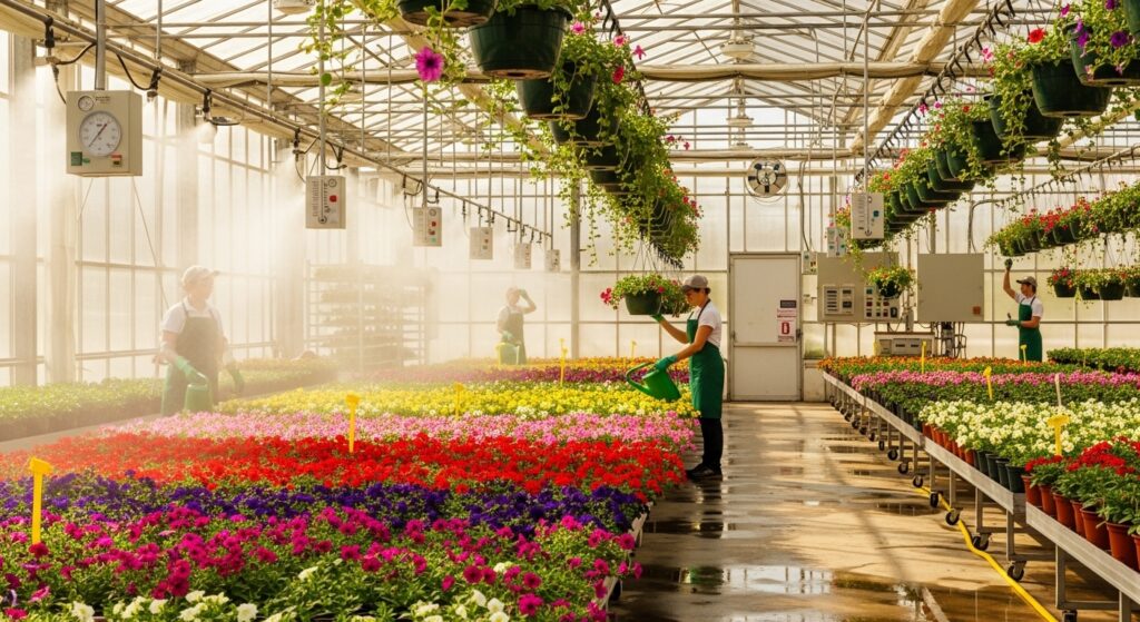 Bright greenhouse interior with blooming flowers, hanging baskets, misting system, temperature controls, and workers tending to plants in a professional floral operation.