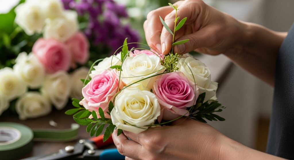 Close-up of florist’s hands arranging soft pink and white roses, with floral tools and flowers blurred in the background, showing care and skill.