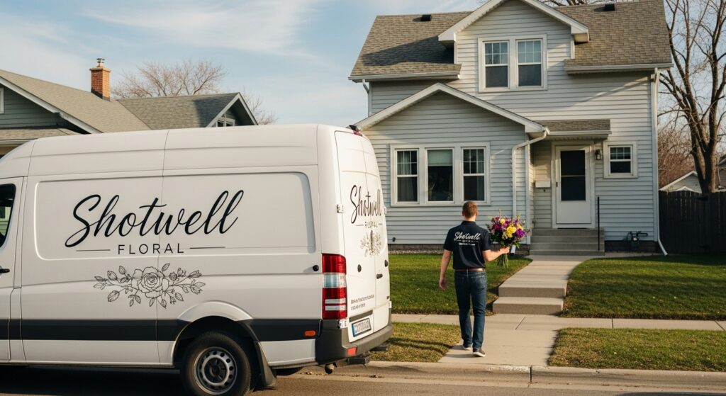 Shotwell Floral delivery van parked at Fargo home with delivery person bringing fresh flower arrangement to the front door