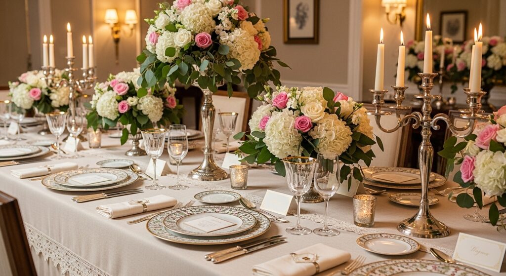 Elegant dining table with Shotwell Floral centerpieces, fine china, candles, and upscale linens, showing how floral design elevates gatherings