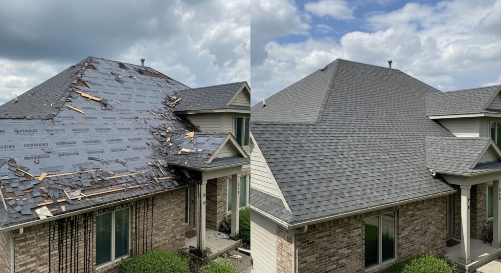 Before and after roof repair comparison of a Dubuque, Iowa home – left side shows storm-damaged shingles, right side displays completed roof restoration with new asphalt shingles.