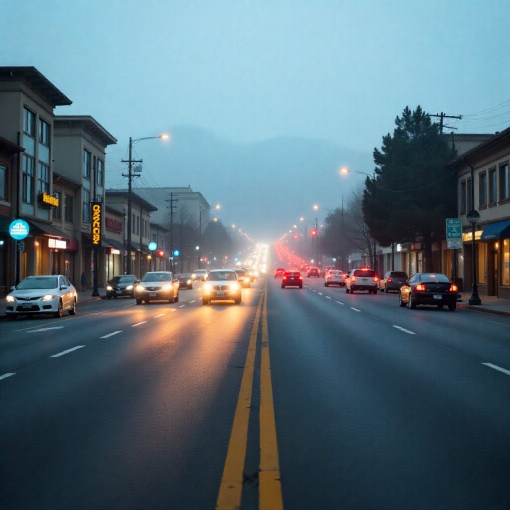 Street-level view of Garden Highway in Yuba City, California, showing moderate traffic flow, clear sightlines, commercial buildings on both sides, and California foothills visible in the distance.