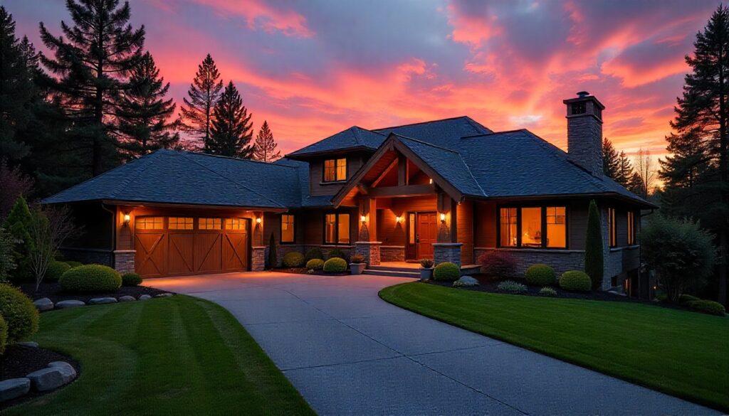 Well-maintained single-family home with mature landscaping, driveway, and Pacific Northwest architectural elements such as wood siding and large windows