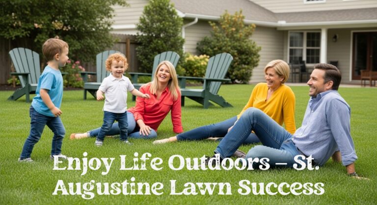 Happy homeowner family enjoying a lush St. Augustine lawn in a suburban backyard, with children playing and adults relaxing on healthy green grass, showcasing the result of successful lawn installation.