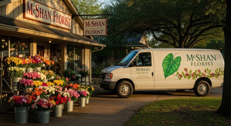 Warm, inviting photo of McShan Florist storefront with vintage charm, colorful flower displays spilling onto the sidewalk, classic hand-painted sign, and a vintage delivery truck with caladium leaf logo, set in a Dallas neighborhood during golden hour.