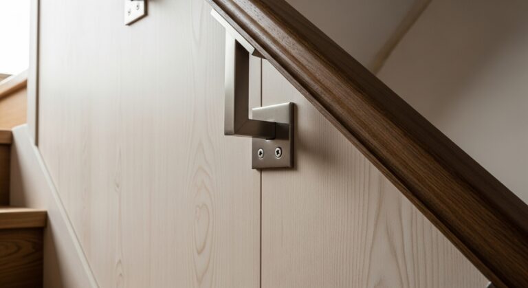 Close-up of modern wooden staircase with sleek metal handrail brackets securely mounted to wall and handrail