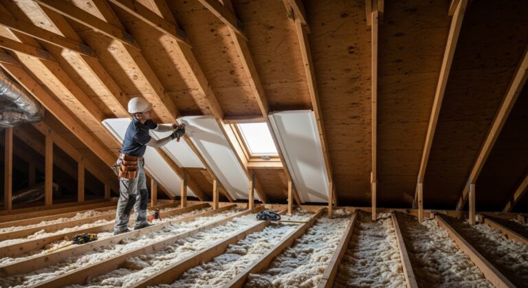 Professional contractor installing white foam insulation baffles between wooden roof rafters in a bright attic with blown-in insulation and natural light from attic window