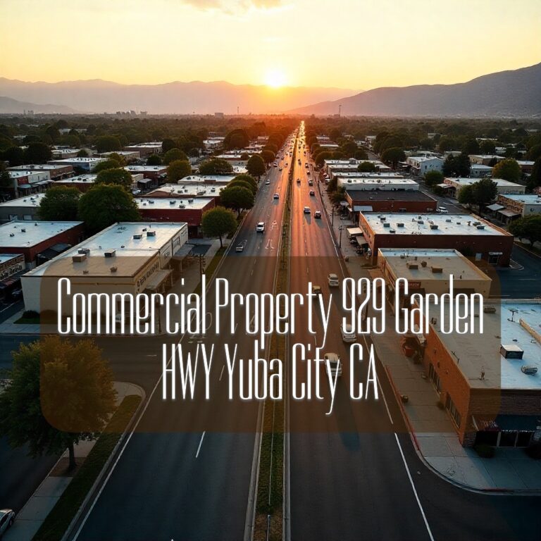 Wide-angle aerial view of Garden Highway in Yuba City, California, featuring modern and established commercial buildings along the highway, smooth traffic flow, and the Feather River in the background under golden California sunlight.